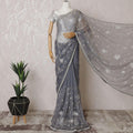 Coin grey Premium silk organza saree with gold bead work having sequin work and pearl work in floral design-D15593