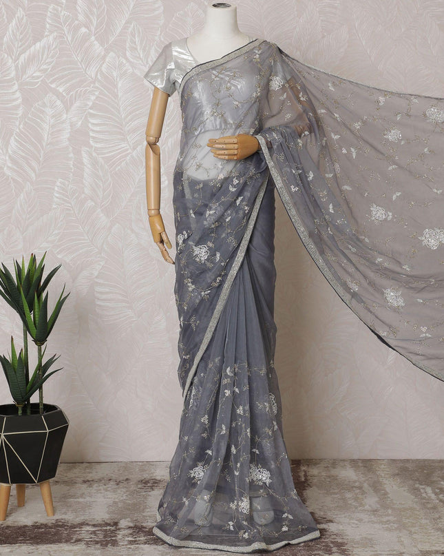 Coin grey Premium silk organza saree with gold bead work having sequin work and pearl work in floral design-D15593