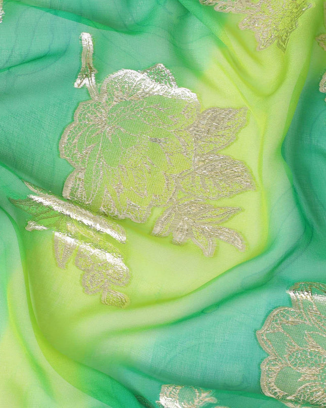 Lime green premium pure silk chiffon fabric with multicolor hand printed having gold metallic lurex in fancy design-D10413