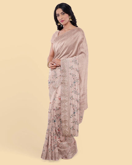 Peach synthetic crepe saree with multi colour embroidery & stones in floral design. Blouse piece in same colour-D12750 Regal Fabrics