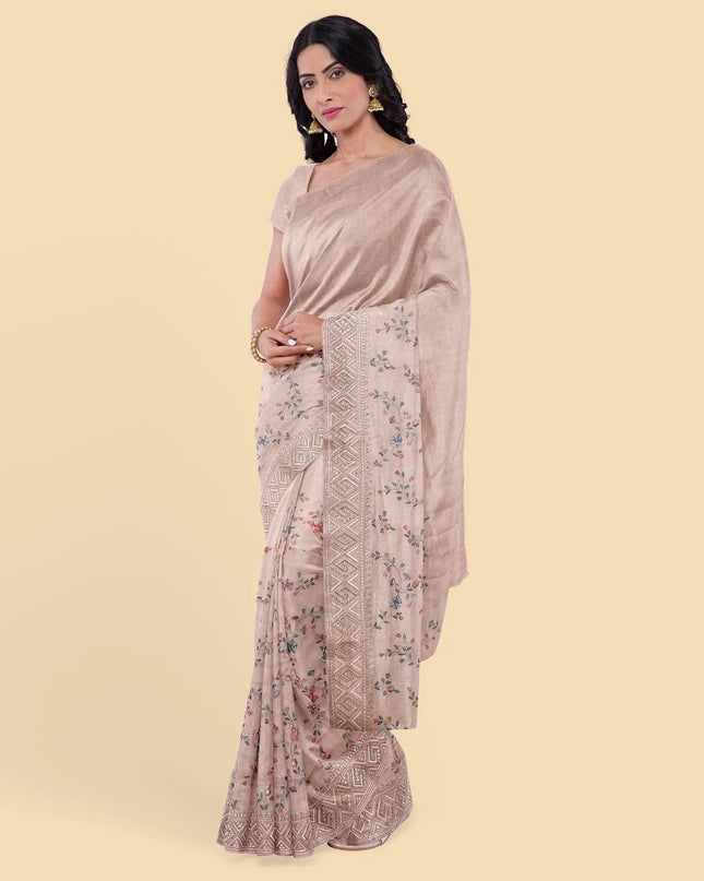 Peach synthetic crepe saree with multi colour embroidery & stones in floral design. Blouse piece in same colour-D12750 Regal Fabrics