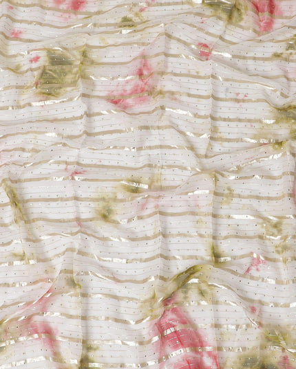 Multicolor synthetic chiffon fabric with gold stripe having same tone metallic dot foil in stripe design-D13657 Regal Fabrics