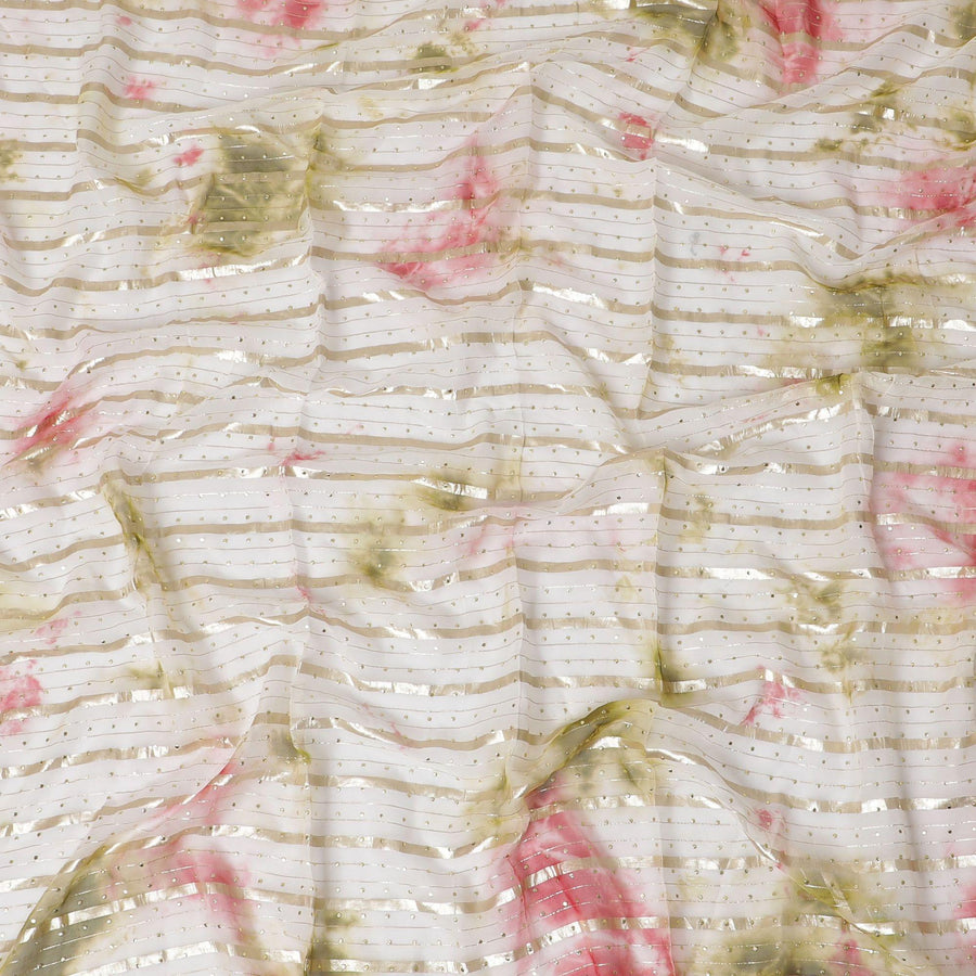 Multicolor synthetic chiffon fabric with gold stripe having same tone metallic dot foil in stripe design-D13657 Regal Fabrics