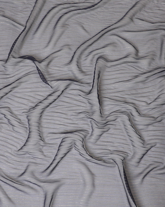 قماش شيفون من الحرير الخالص باللون الأزرق الداكن مع لوريكس معدني ذهبي بتصميم مخطط - D8596