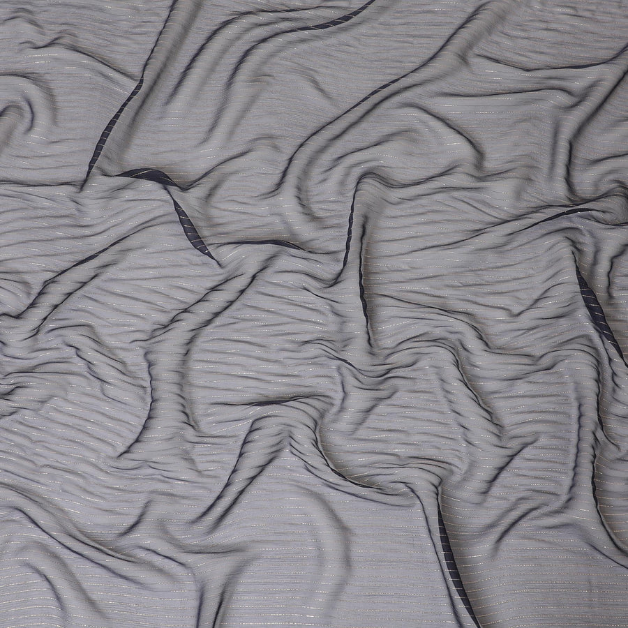 قماش شيفون من الحرير الخالص باللون الأزرق الداكن مع لوريكس معدني ذهبي بتصميم مخطط - D8596