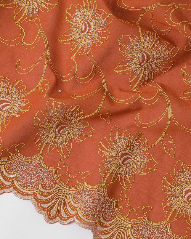 Rusty orange Premium pure 100% Swiss cotton voile (Sudanese Thobe) fabric with mustard yellow and gold embroidery having stone work in floral design-D13564 Regal Fabrics