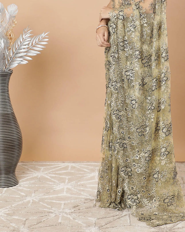 Gold, Black Premium metallic French chantilly lace saree having stone work in floral design-D8724S Regal Fabrics