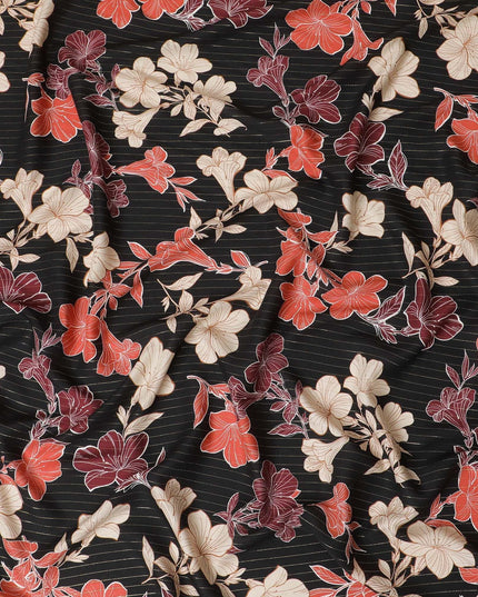 Black viscose crepe printed fabric with multi colour prints and metallic lurex in floral design-D11162