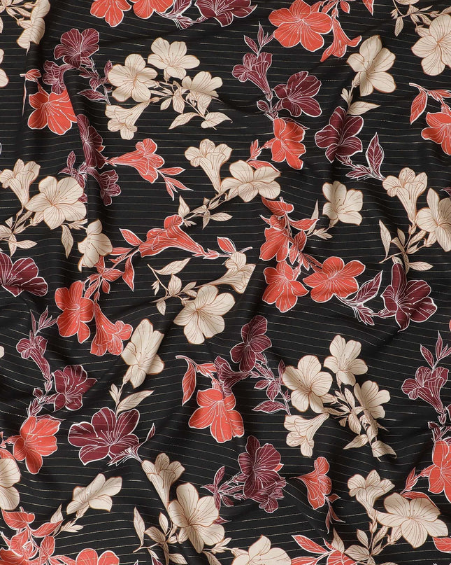 Black viscose crepe printed fabric with multi colour prints and metallic lurex in floral design-D11162