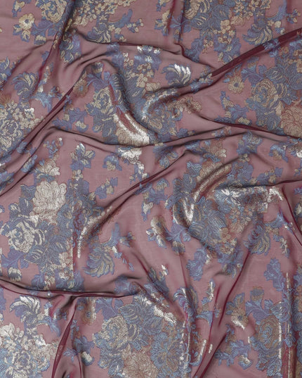 Magenta purple Premium pure French (Fransawi) silk chiffon garbasaar with blue viscose and gold metallic lurex in floral design-D11579 Regal Fabrics
