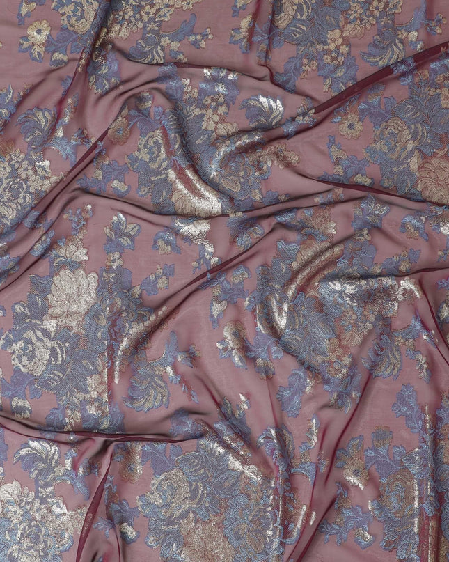 Magenta purple Premium pure French (Fransawi) silk chiffon garbasaar with blue viscose and gold metallic lurex in floral design-D11579 Regal Fabrics