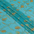 Turquoise blue premium pure silk chiffon fabric with same tone, mustard viscose having gold metallic lurex in floral design-D13188