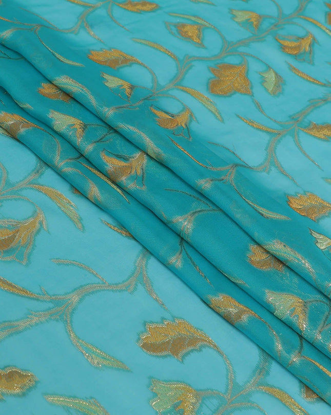 قماش شيفون من الحرير الخالص باللون الأزرق الفيروزي بنفس اللون، فيسكوز الخردل مع لوريكس معدني ذهبي بتصميم الأزهار-D13188