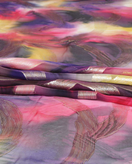 Multicolor Premium pure silk chiffon fabric with gold metallic lurex in abstract design-D9693