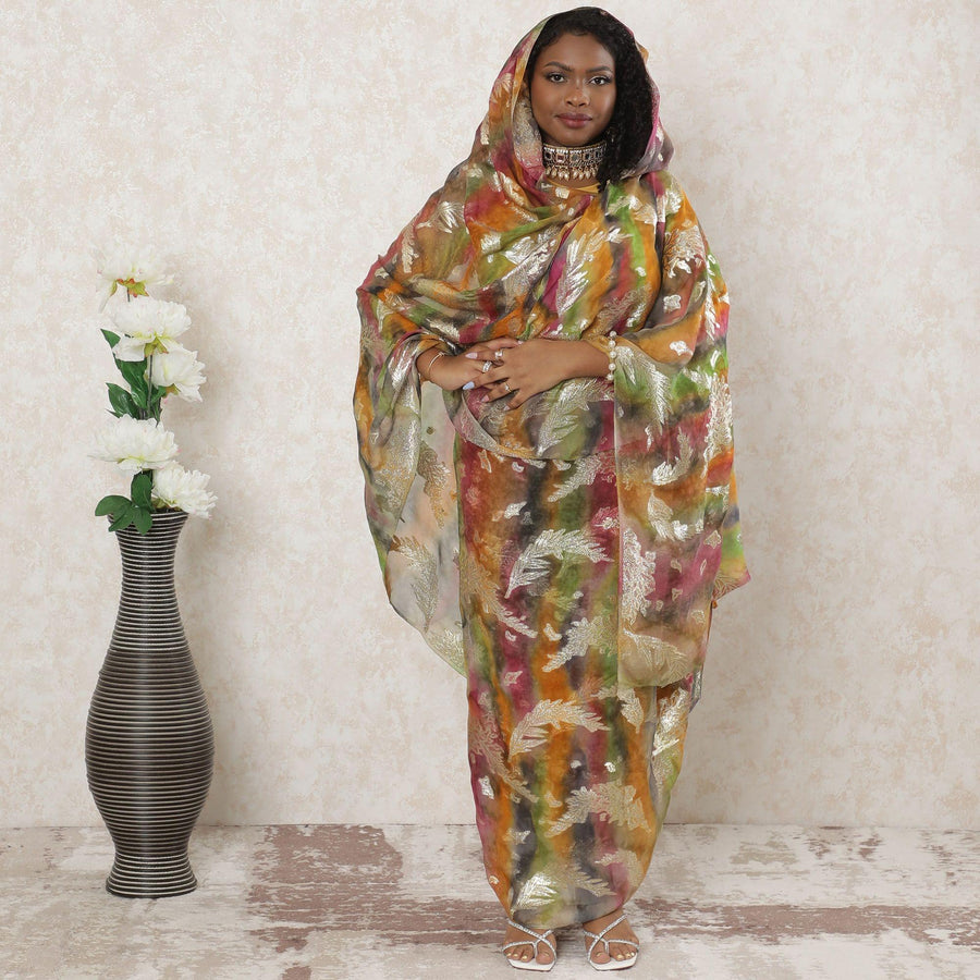 Multicolor Premium pure silk chiffon thobe with gold metallic lurex in floral design-D14349