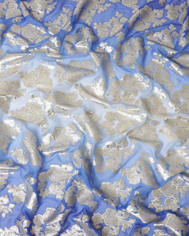 قماش شيفون حريري خالص فاخر من الأزرق الملكي إلى الأزرق الفاتح مع لوركس معدني ذهبي بتصميم زهور-D10616