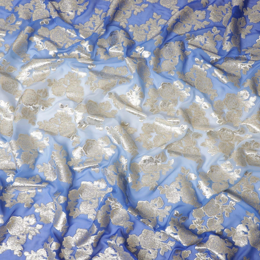 Royal blue to powder blue premium pure silk chiffon fabric with  gold metallic lurex in floral design-D10616