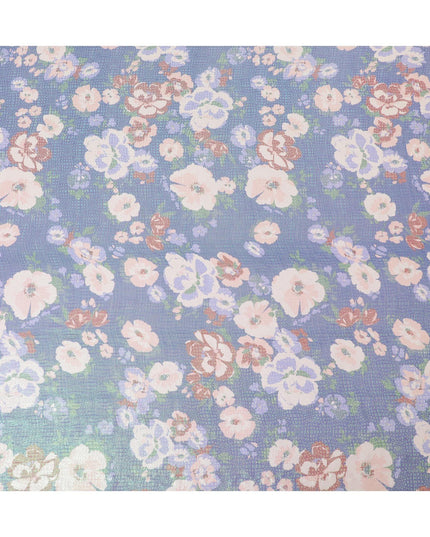 قماش شيفون حريري نقي فاخر باللون الأزرق الملكي مع طباعة متعددة الألوان مع لوريكس معدني أخضر نيون بتصميم زهور-D14655