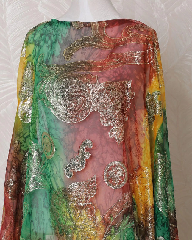 Multicolor Premium pure French (Fransawi) silk chiffon dirac fabric with hand print having gold metallic lurex in floral design-D15616 Regal Fabrics
