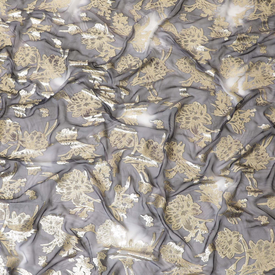 ديراك من الشيفون الحريري الخالص باللون الرمادي الحجري مع اللوريكس المعدني الذهبي بتصميم الأزهار - D8863