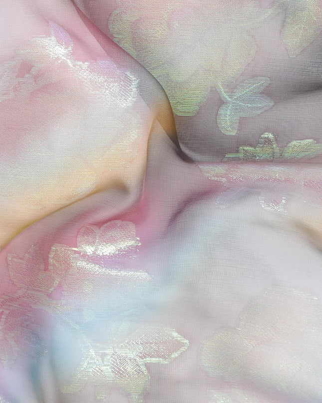 قماش شيفون حريري نقي فاخر متعدد الألوان مع لوريكس معدني أخضر نيون بتصميم زهور-D9677