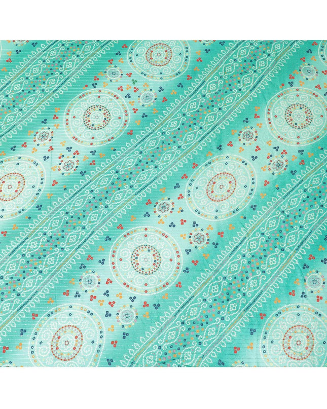 Pine green synthetic chiffon fabric with same tone embroidery stripe having multicolor print and sequins in geometric design-D9757 Regal Fabrics