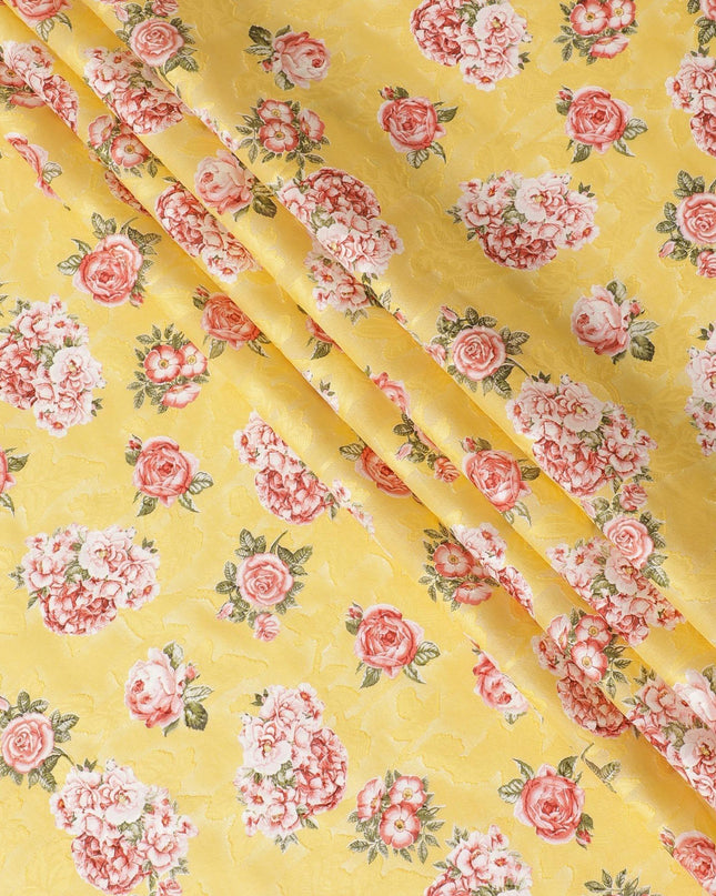 Cyber yellow uragiri cotton voile fabric with same tone jacquard having multicolor print in floral design-D10050