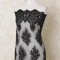 Black nylon tulle fabric with same tone embroidery and pearl work in floral design-D13917