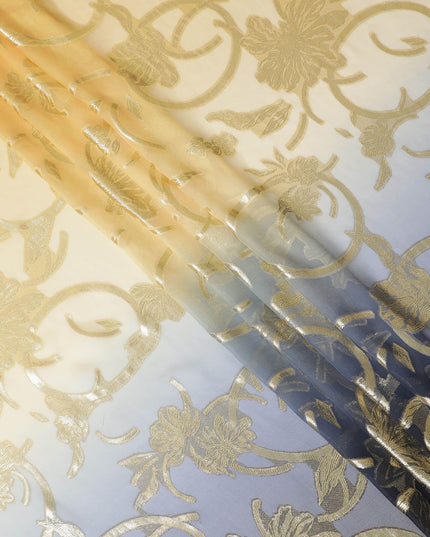 أزرق داكن داكن إلى ذهبي قماش شيفون حريري فرنسي خالص (فرنساوي) مع لوركس معدني ذهبي بتصميم متدرج -D14023