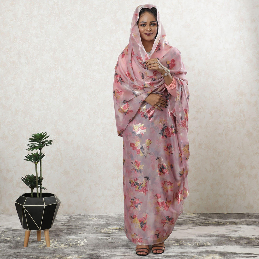 Rose pink Premium Pure French (Fransawi) Silk printed chiffon thobe with multicolor metallic lurex in floral design-D9474