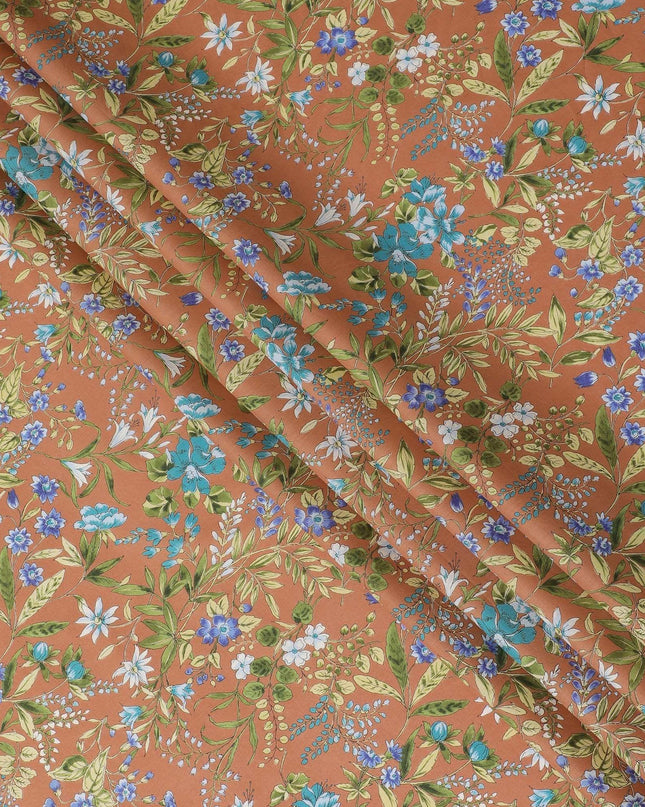 قماش قطني بني نحاسي مع طباعة متعددة الألوان بتصميم زهور-D15220