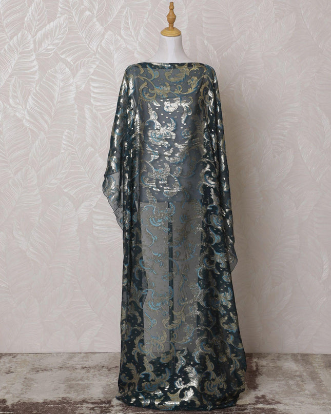 Petrol blue Premium pure French (Fransawi) silk chiffon dirac fabric with baby blue viscose and gold metallic lurex in floral design-D15628