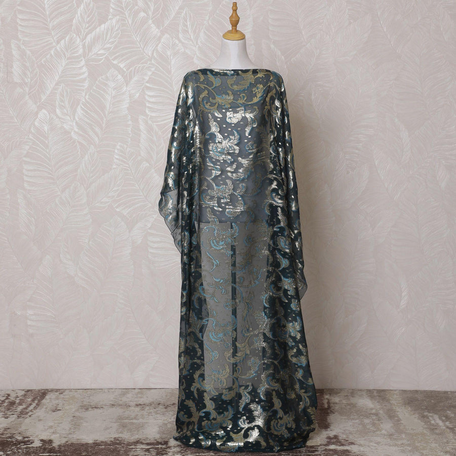 Petrol blue Premium pure French (Fransawi) silk chiffon dirac fabric with baby blue viscose and gold metallic lurex in floral design-D15628