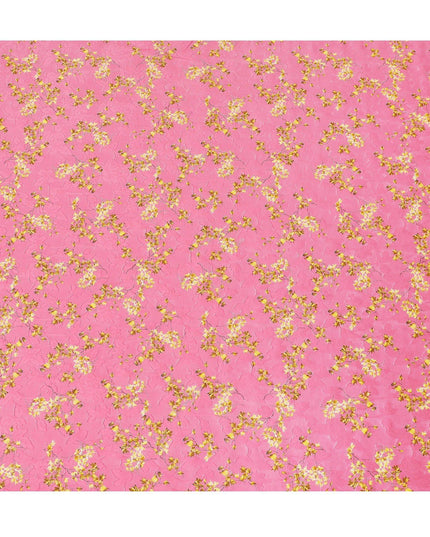 Hot pink uragiri cotton voile fabric with same tone jacquard having mustard yellow and black print in floral design-D14318