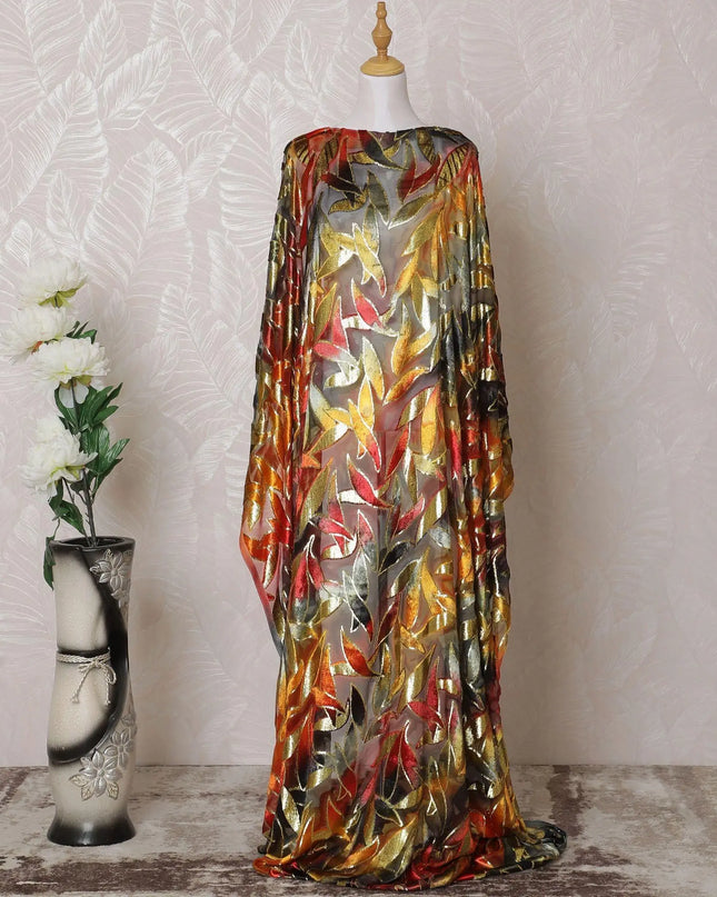 Multicolor Premium pure silk blended velvet makmal dirac fabric with gold metallic lurex in Leaf design-D14873 Regal Fabrics