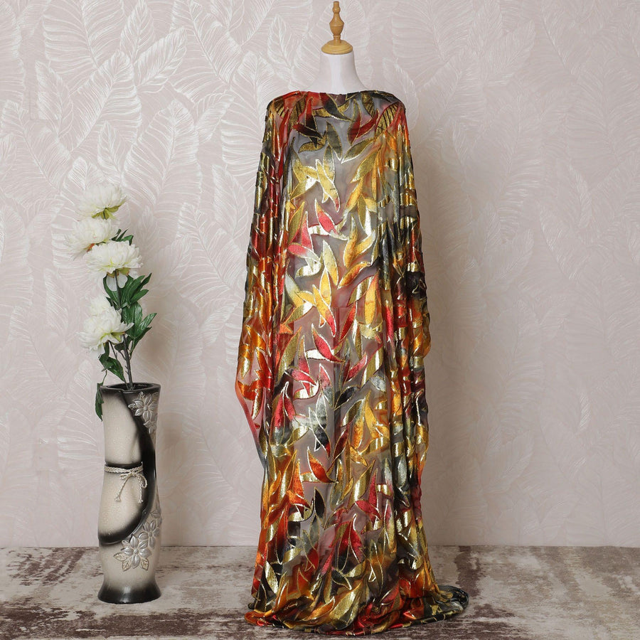 Multicolor Premium pure silk blended velvet makmal dirac fabric with gold metallic lurex in Leaf design-D14873