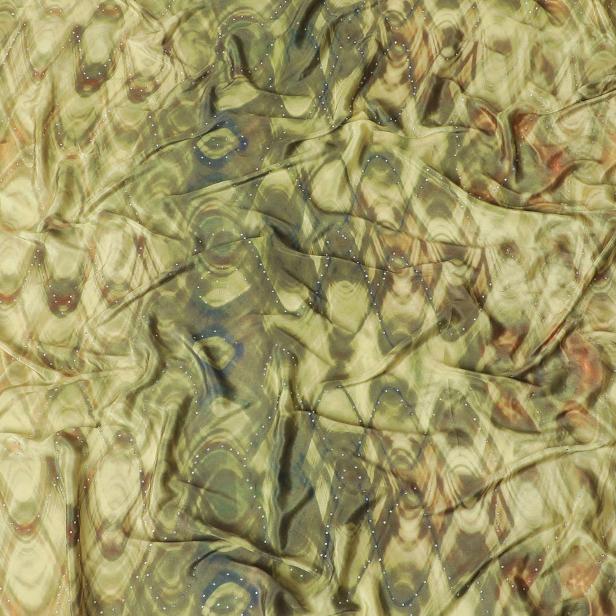 قماش كريب صناعي أخضر مهندي مع طباعة متعددة الألوان مع أعمال حجرية بتصميم الأزهار-D15291