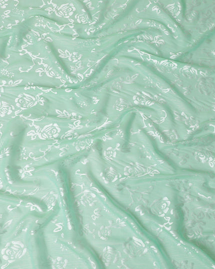 Mint green Premim pure silk chiffon fabric with silver jacquard in floral design-D15328