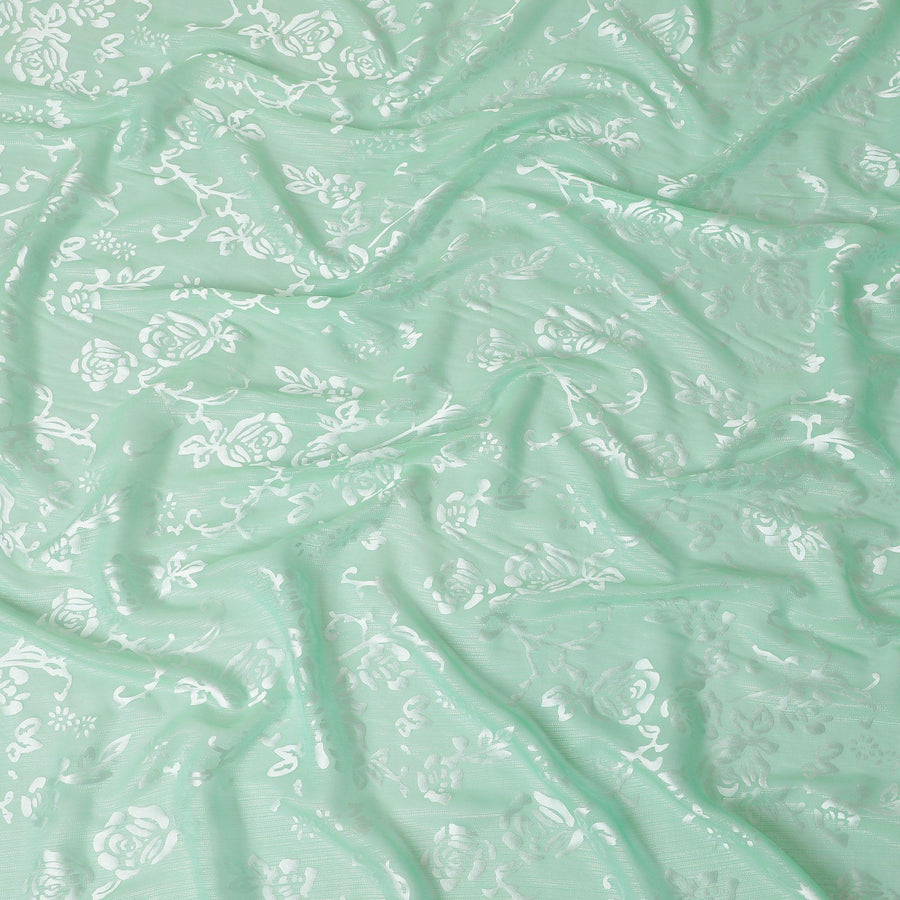 قماش شيفون من الحرير الخالص باللون الأخضر النعناعي مع جاكار فضي بتصميم زهور-D15328