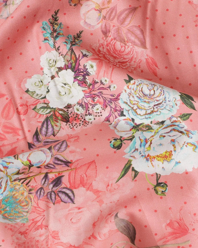 Salmon peach cotton satin fabric with multicolor print in floral design-D15261 Regal Fabrics