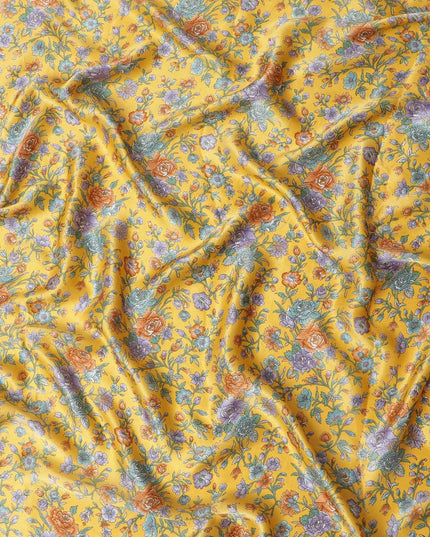 قماش الساتان الحريري الأصفر الهندباء مع طبعات باللون الأخضر والبرتقالي والبنفسجي بتصميم الأزهار-D11141