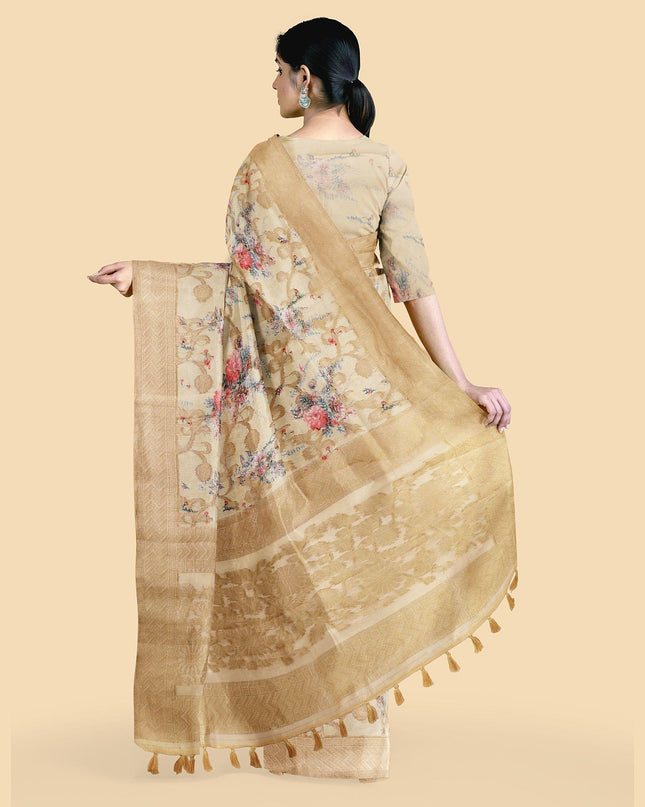 Laguna yellow synthetic chanderi silk saree with gold lurex & prints in floral design. Blouse piece in same colour-D12738