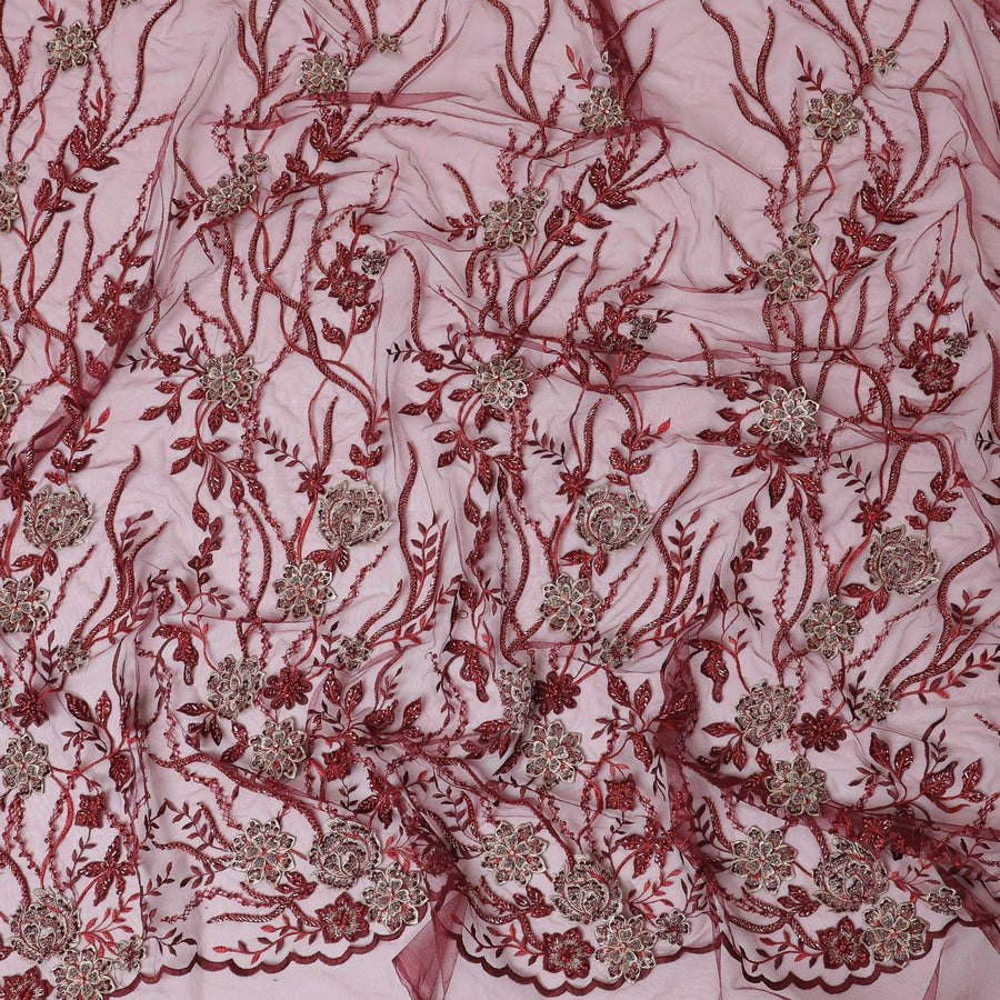 Maroon nylon tulle fabric with same tone, gold embroidery having bead work and pearl work in floral design-D13797