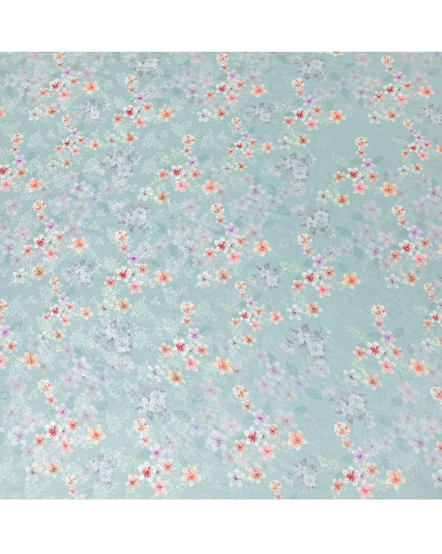 Artichoke green synthetic crepe fabric with lavender, red, peach, sage green print having metallic finish and stone work in floral design-D6835