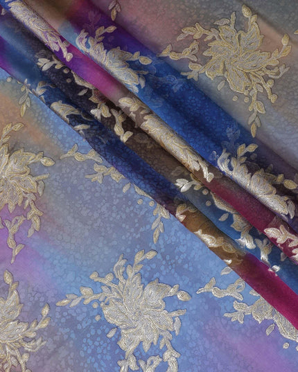قماش شيفون حريري نقي فاخر متعدد الألوان مطبوع يدويًا مع لوركس معدني ذهبي بتصميم فاخر-D10411