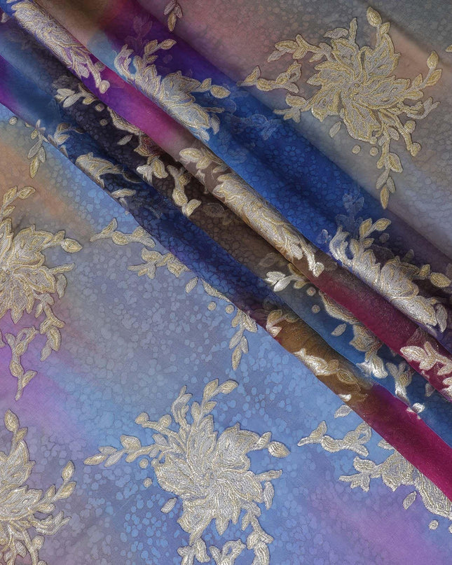 قماش شيفون حريري نقي فاخر متعدد الألوان مطبوع يدويًا مع لوركس معدني ذهبي بتصميم فاخر-D10411
