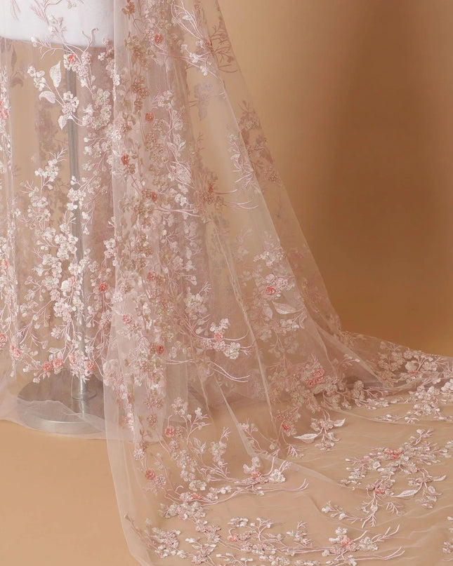 Peach Premium wedding nylon tulle fabric with same tone, beige embroidery, applique work, bead work and sequins in floral design-D7916 Regal Fabrics