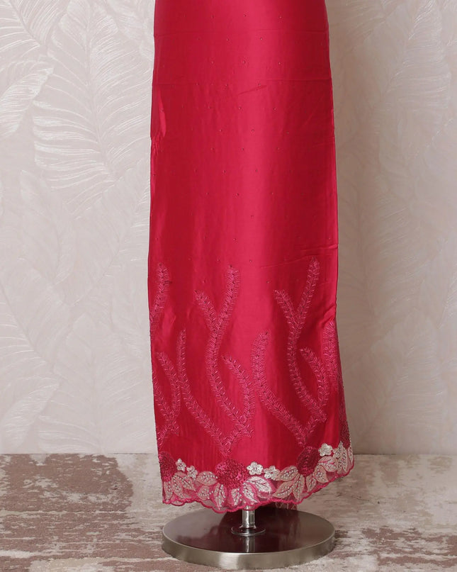 Fuchsia pink blended cotton lawn fabric with same tone, beige embroidery having stone work in floral design-D15068 Regal Fabrics
