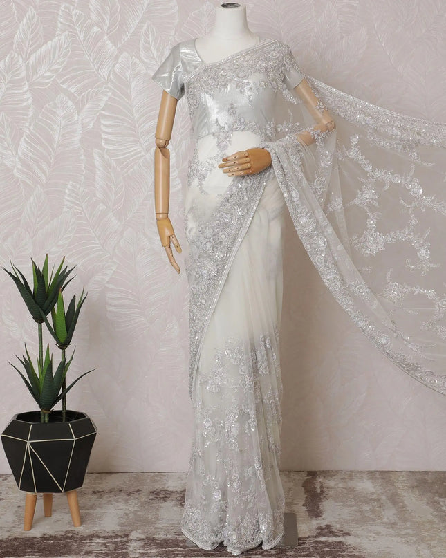 White Premium tulle saree with same tone embroidery having lavender sequin work and bead work in floral design-D15584 Regal Fabrics