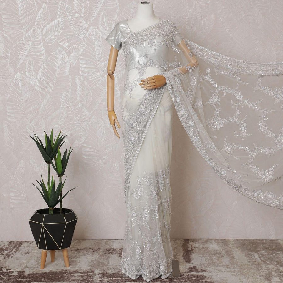 White Premium tulle saree with same tone embroidery having lavender sequin work and bead work in floral design-D15584